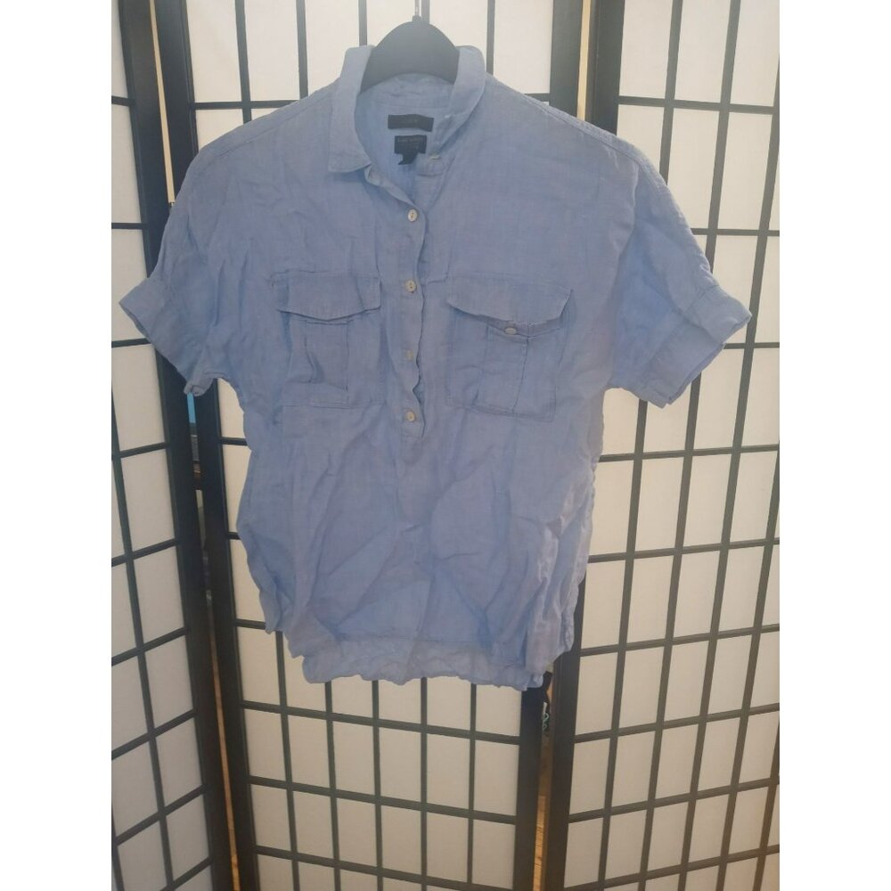 J. Crew Popover Shirt Blue Platted Size 8 Baird McNutt Irish Linen Short Sleeve